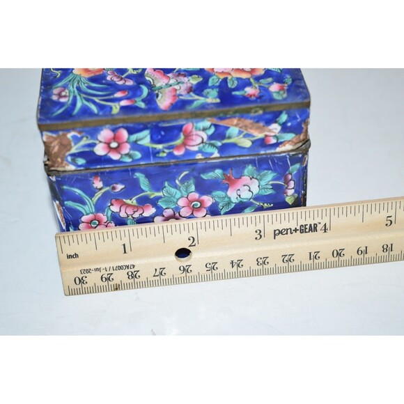 Vtg Chinese Enamel Brass Trinket Box Damaged Blue floral flaws - Picture 7 of 15